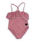 bathing suit striped ruffle with embroidered heart