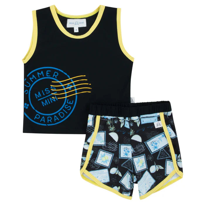 swim set postcard contrast trim tank and shorts