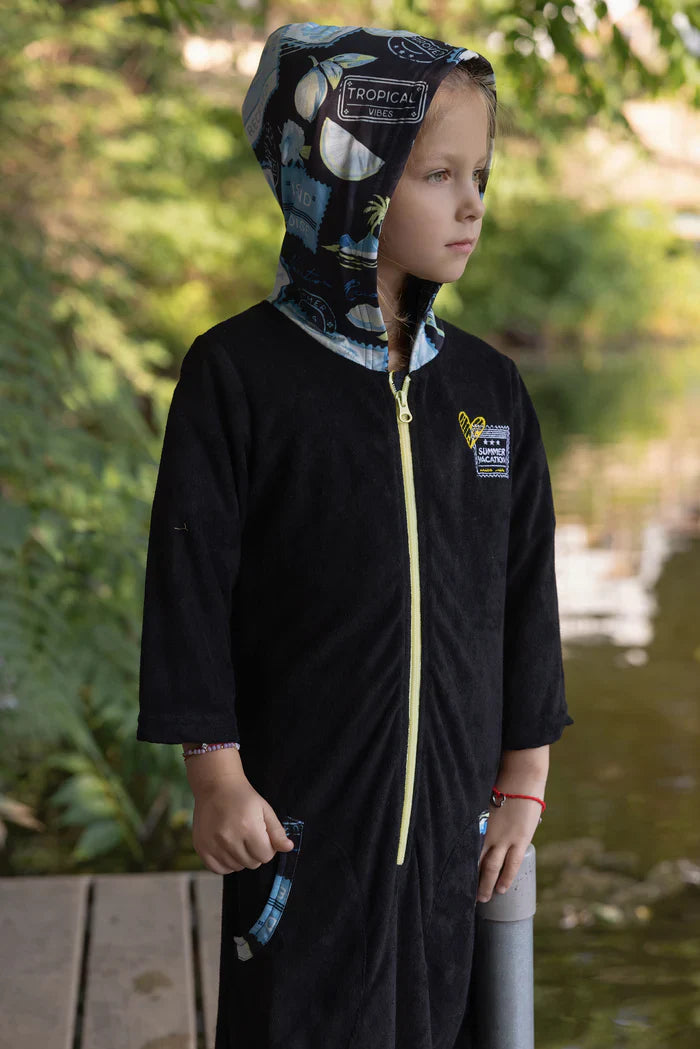 bathrobe postcard color trim half zip terry with hood