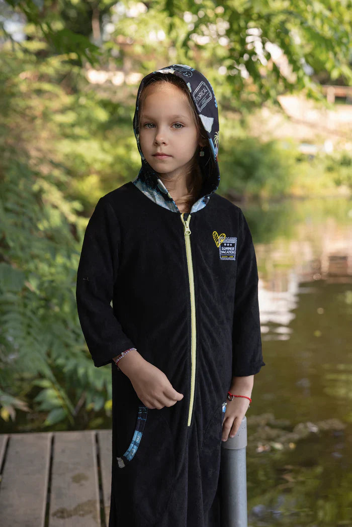 bathrobe postcard color trim half zip terry with hood
