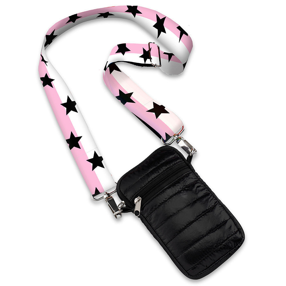 bag cell puffer with pink white split star strap