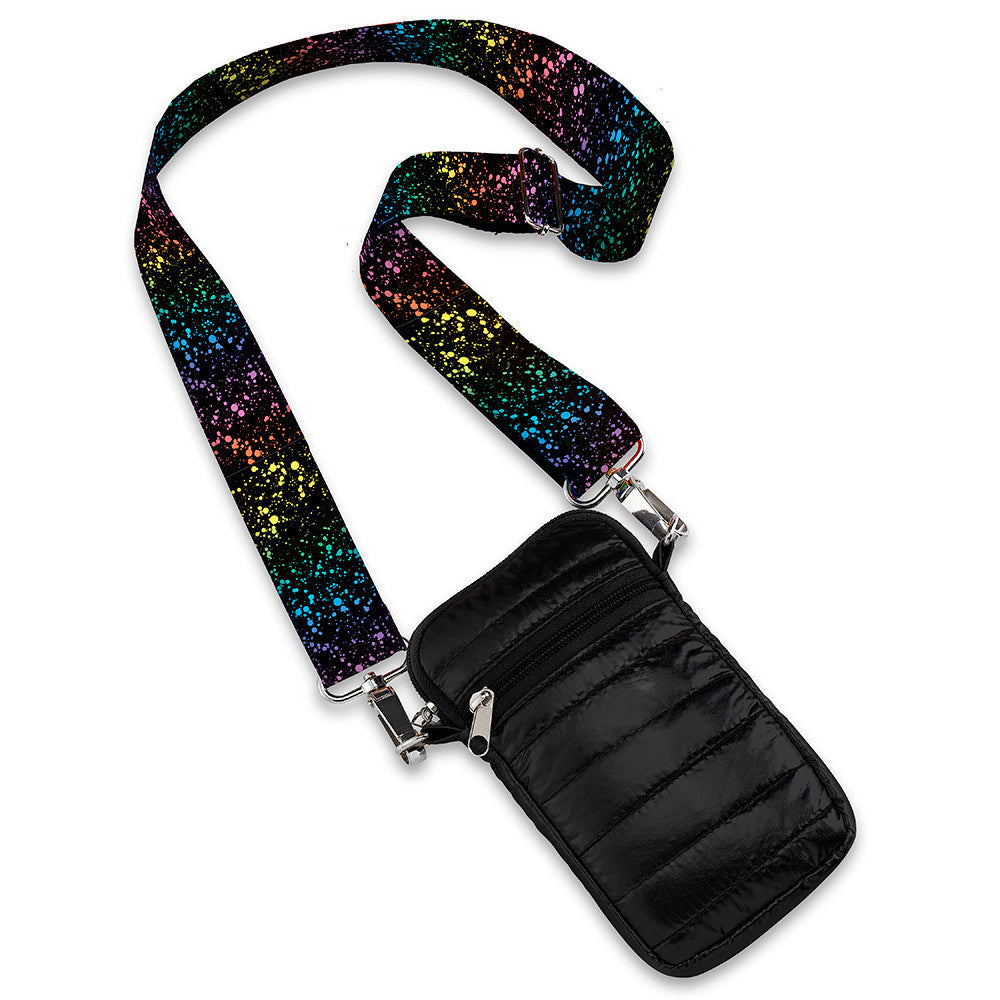 bag cell puffer with rainbow splatter strap